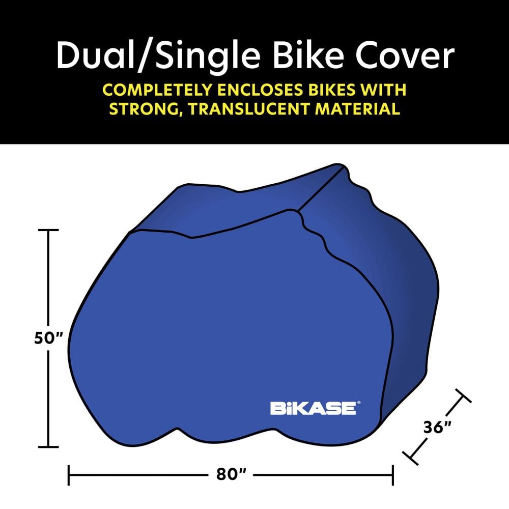 Blue bike cover with dimensions and Bikase branding on a white background