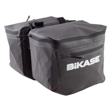 Gray bicycle pannier bag with 'Bikase' branding on a white background