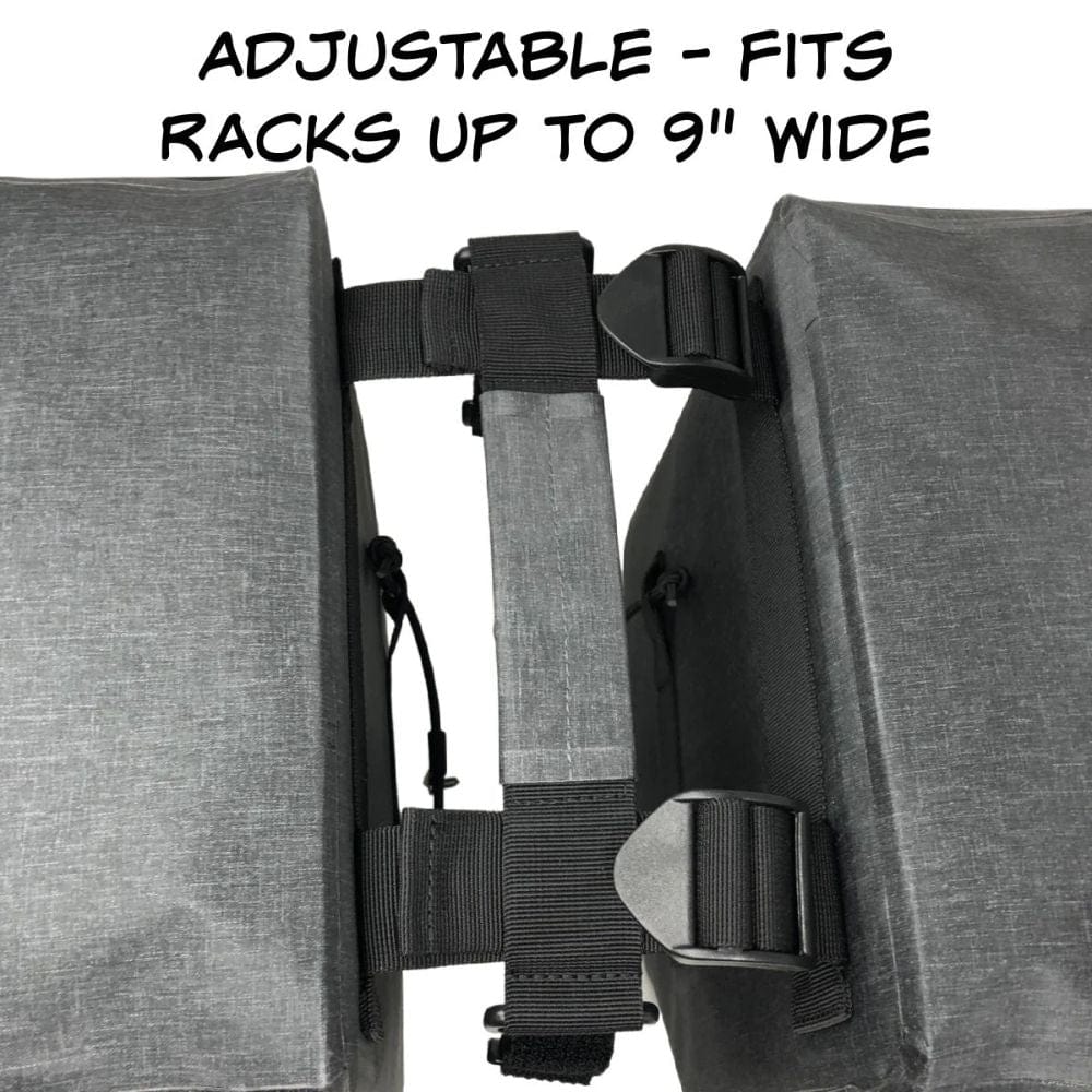 Gray storage bins with an adjustable black strap on a white background