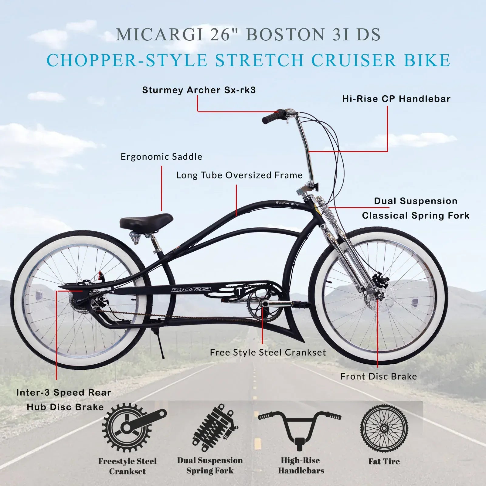 Micargi Boston 3i DS Stretch Cruiser Bicycle 3-Speed