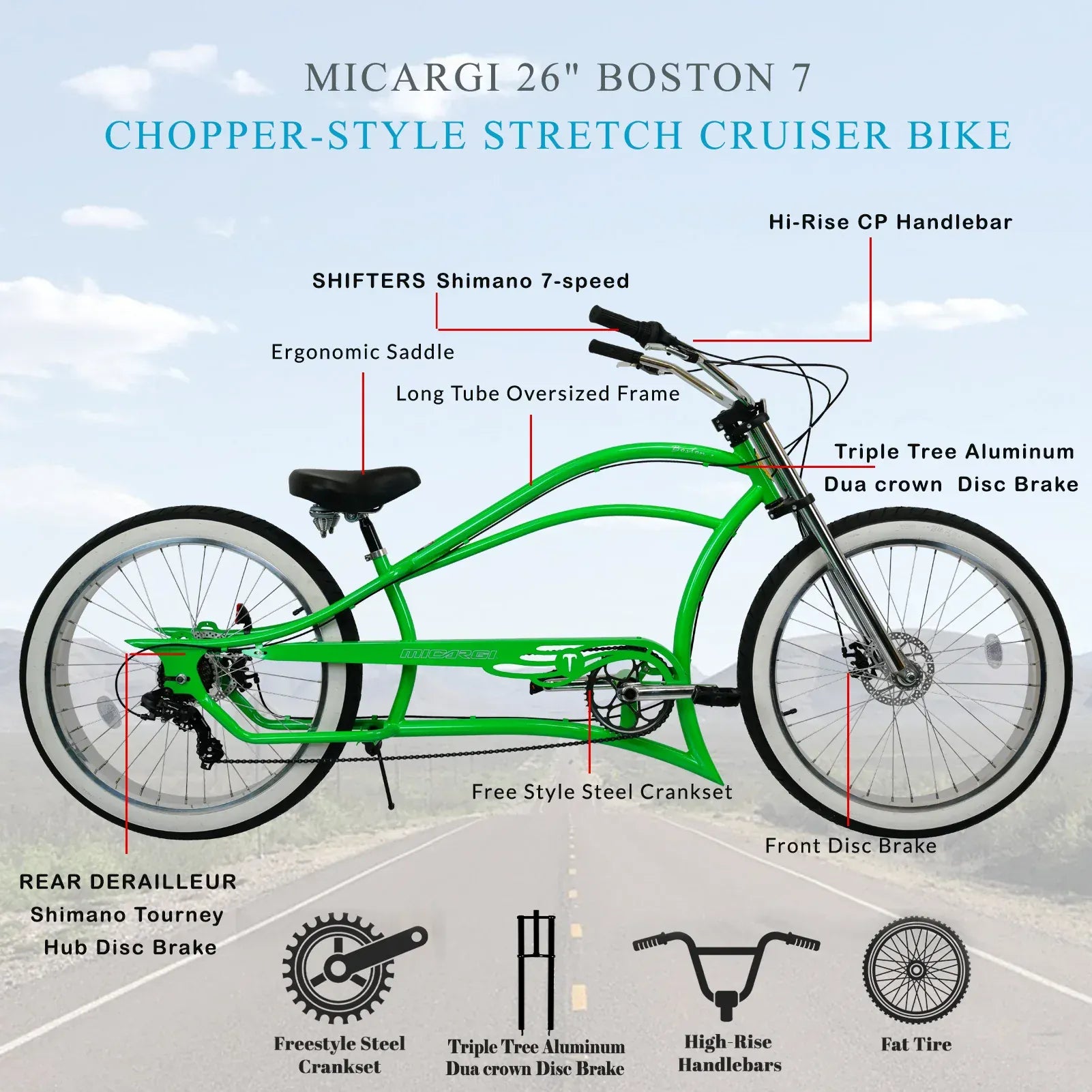Micargi Boston 7 Stretch Beach Cruiser Bike