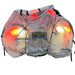 Covered motorcycle with glowing lights on a white background
