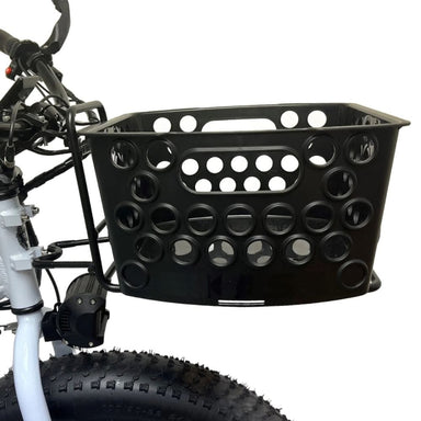 Black bicycle basket attached to a bike frame on a white background