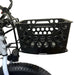 Black bicycle basket attached to a bike frame on a white background