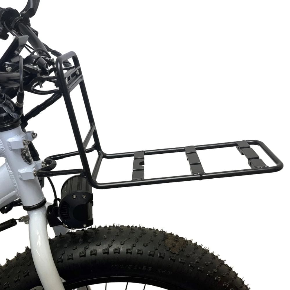 Black bike rack attached to a bicycle on a white background