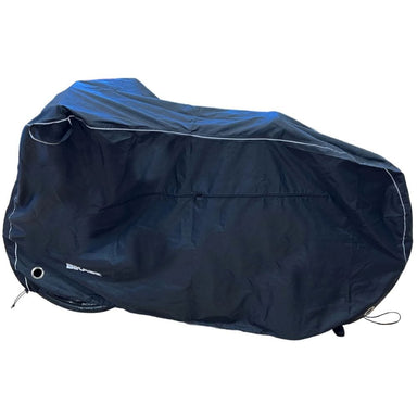 Black motorcycle cover with blue top on a white background