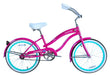 Pink bicycle with turquoise tires on a white background