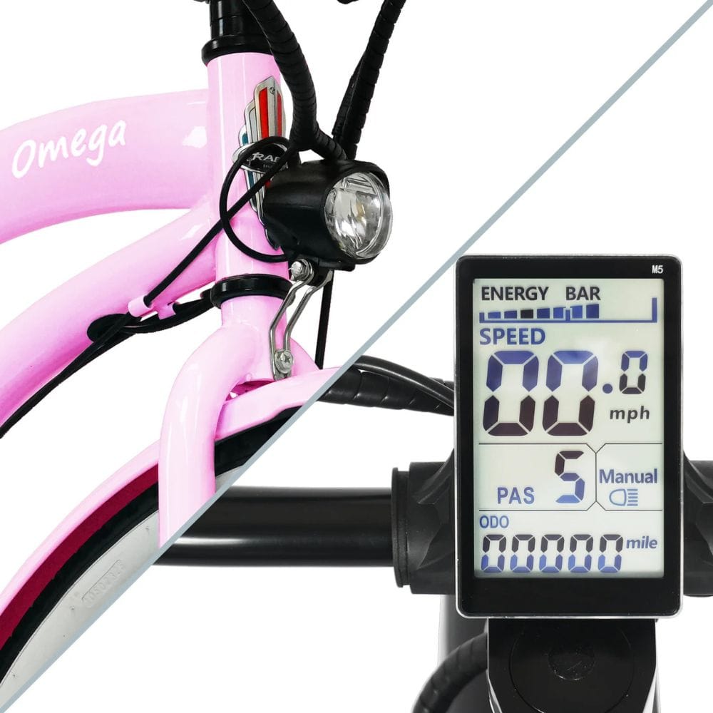 Omega 26" Women's Beach Cruiser Electric Bike Pink LCD Display