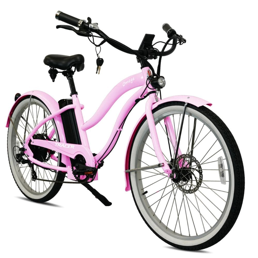 Omega 26" Women's Beach Cruiser Electric Bike Pink Side View
