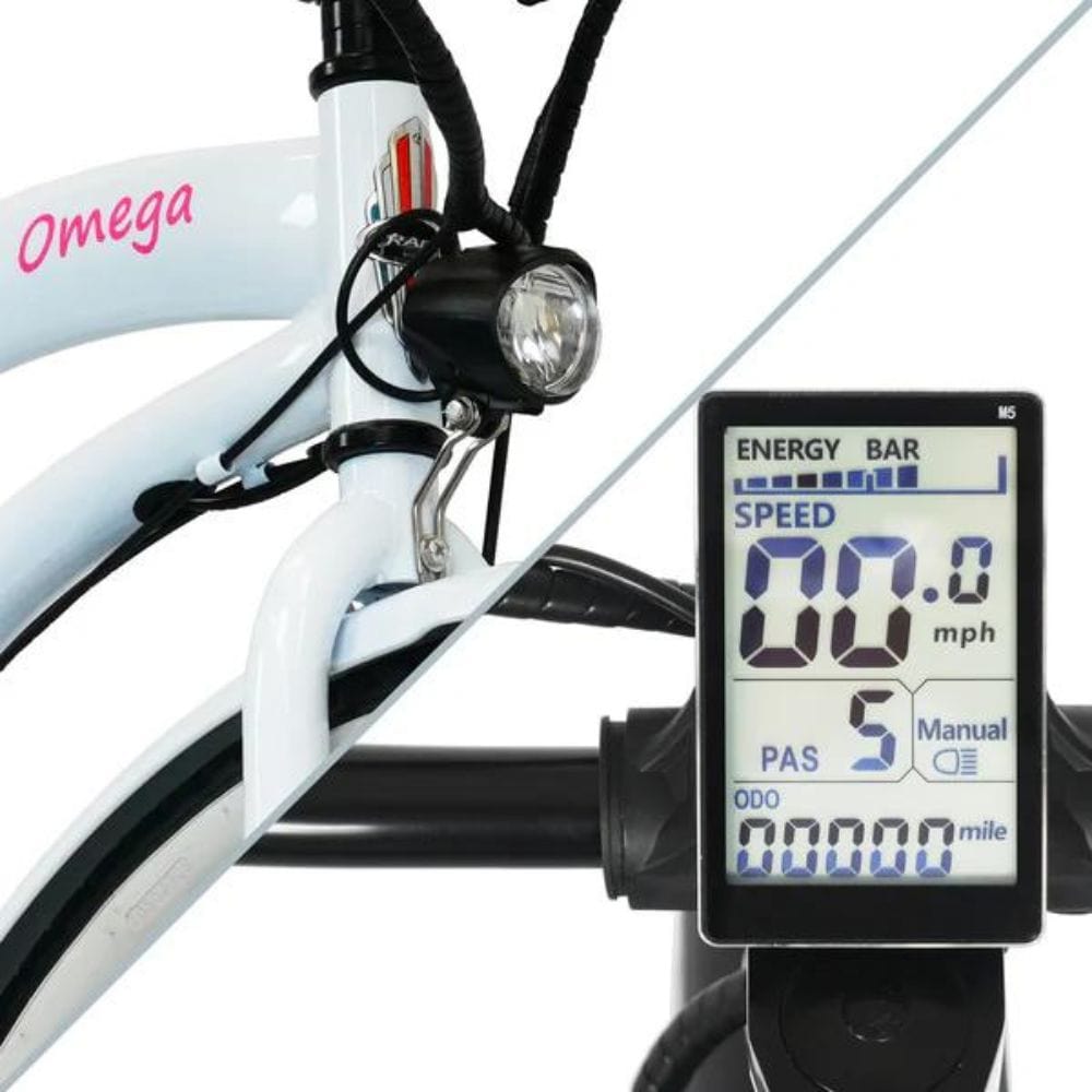 Omega 26" Women's Beach Cruiser Electric Bike White LCD Display